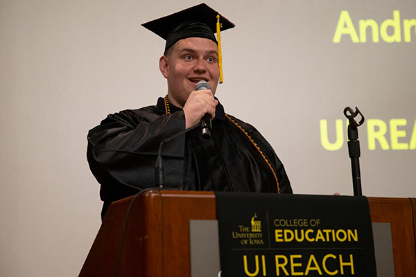 AJ Whitehead speaking at graduation